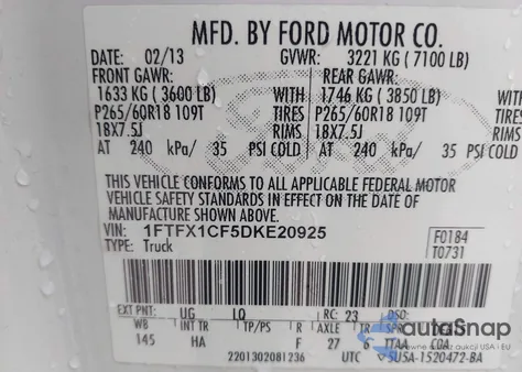 2013 Ford F-150 Lariat z USA, uszkodzony, nr VIN 1FTFX1CF5DKE20925